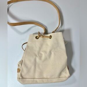 NWT Hélenett Drawstring Shoulder Bag Ivory Canvas Leather Trim